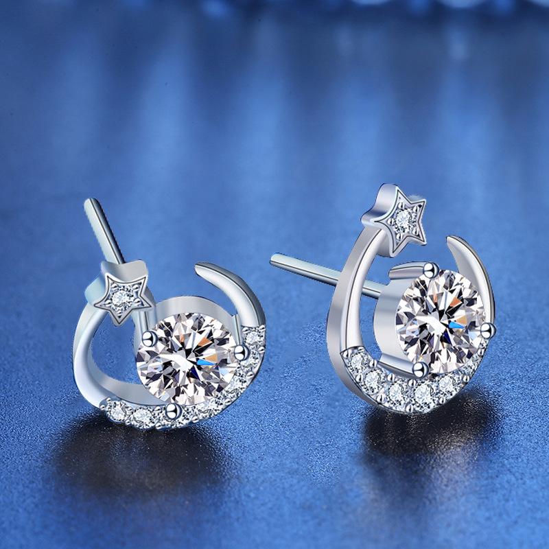 Exquisite S925 Sterling Silver Moissanite Star and Moon Stud Earrings for Pierced Ears