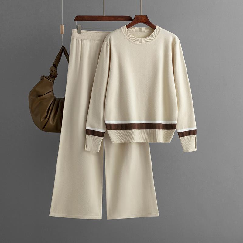 Autumn and Winter New Contrasting Color Knitted Wide-leg Pants with Loose and Thin Striped Knitted Two-piece Suit for Women
