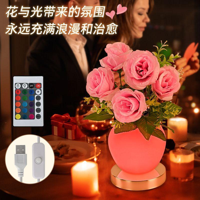 Rechargeable Night Light Shaped Champagne Rose, Creative Rose Decoration, Romantic Bedroom Gift