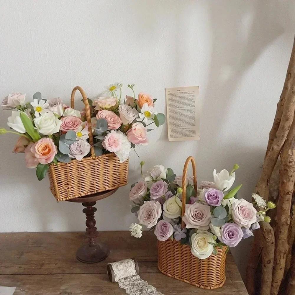 Willow Rattan Bride Flower Basket Picnic Container with Handle Picnic Weaving Basket Hand-Woven Flower Arrangement Basket