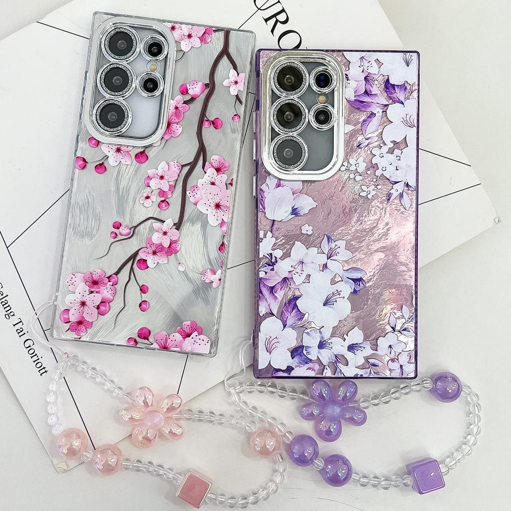Samsung S25 Ultra Floral & Grass Lens Film Case - Full Coverage for S24 & A56, with Bracelet-style Protective Case