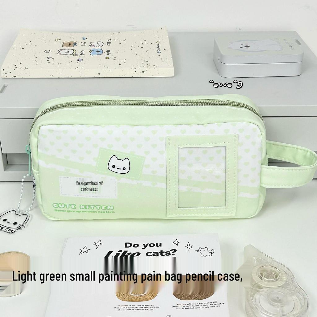 Xiaohongshu Pink & White Cat Pencil Case - Korean Style Girly Cartoon Stationery Bag