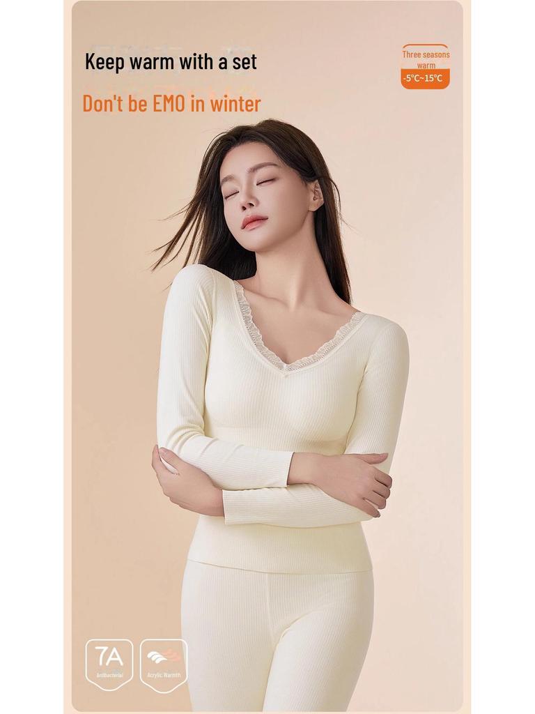 Damen Nahtlose Warme Samt Herbst Unterwäsche Hose mit Brustpolster - Kaschmirseide, Verdickt für Zusätzliche Wärme