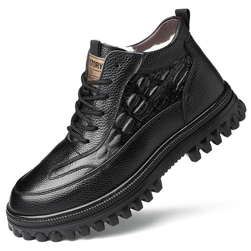 Cotton shoes men's 2025 winter new leather wool piled thickened warm snow boots dad casual high-top leather shoes