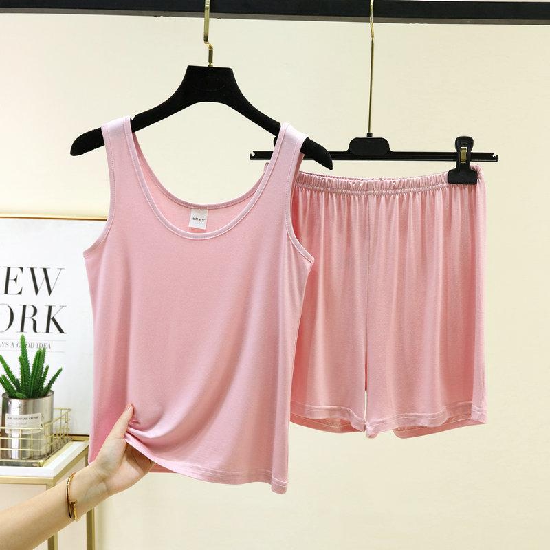 

Summer Loose Pajama Set Sleeveless Tank Top & Shorts 2 Piece Set For Women Solid Color Basic Layering Loungewear homewear suits M светло-розовый