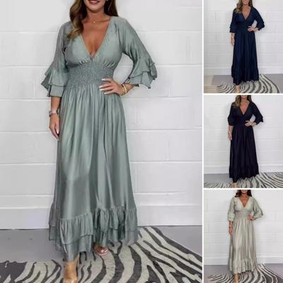 Lady Evening Dress V Neck Slim Waist Ruffle Cuffs Satin Pleated Layered