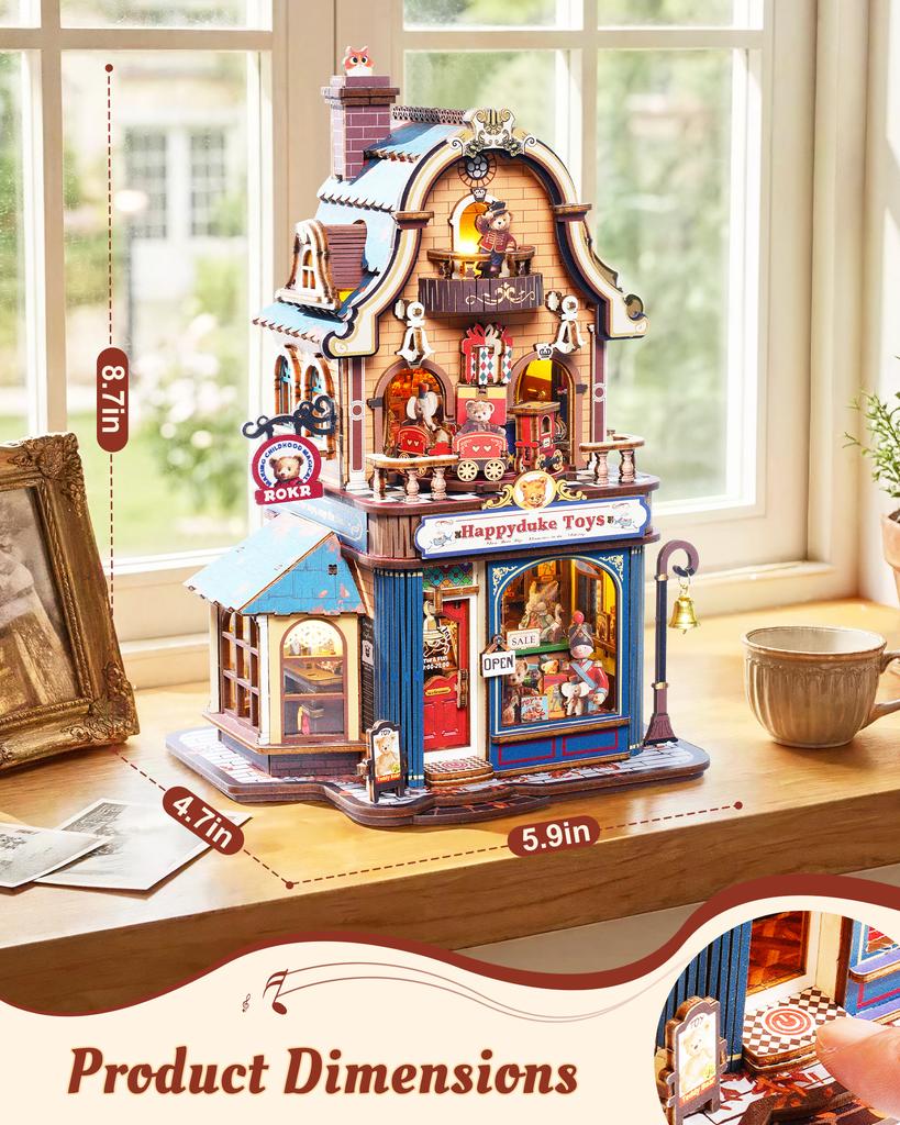 ROKR Holz 3D Puzzle Happyduke Spielzeug Spieluhr Modellbausatz mit LED-Licht für Heimdekoration Mini Puppenhaus DIY Spielzeug Weihnachtsgeschenk für Erwachsene Jugendliche