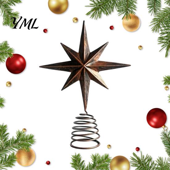 Sturdy Spiral Spring Base Distressed Metal Eight-pointed Star Christmas Tree Topper with Stable Unique Top Ornament Base, Vintage for Holiday