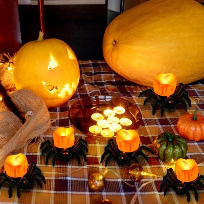 50 szt. Dekoracja Świec Herbatnich Pająków na Halloween, Halloweenowe Bezpłomieniowe Świece LED, Lampiony na Baterie do Halloweenowego Domowego Upiornego Dekorowania
