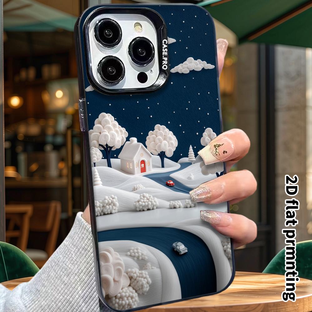 Phone Case: 2D Flat Design for iPhone 13 Pro To 18, Color Silver, Couple Style, Winter Night Town Theme, Perfect Gift for Christmas and Halloween