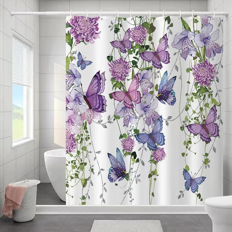 1PC Botanical Flower and Leaf Watercolor Pattern Waterproofing Bathroom Decoration Shower Curtain with Hooks Minimalist Design