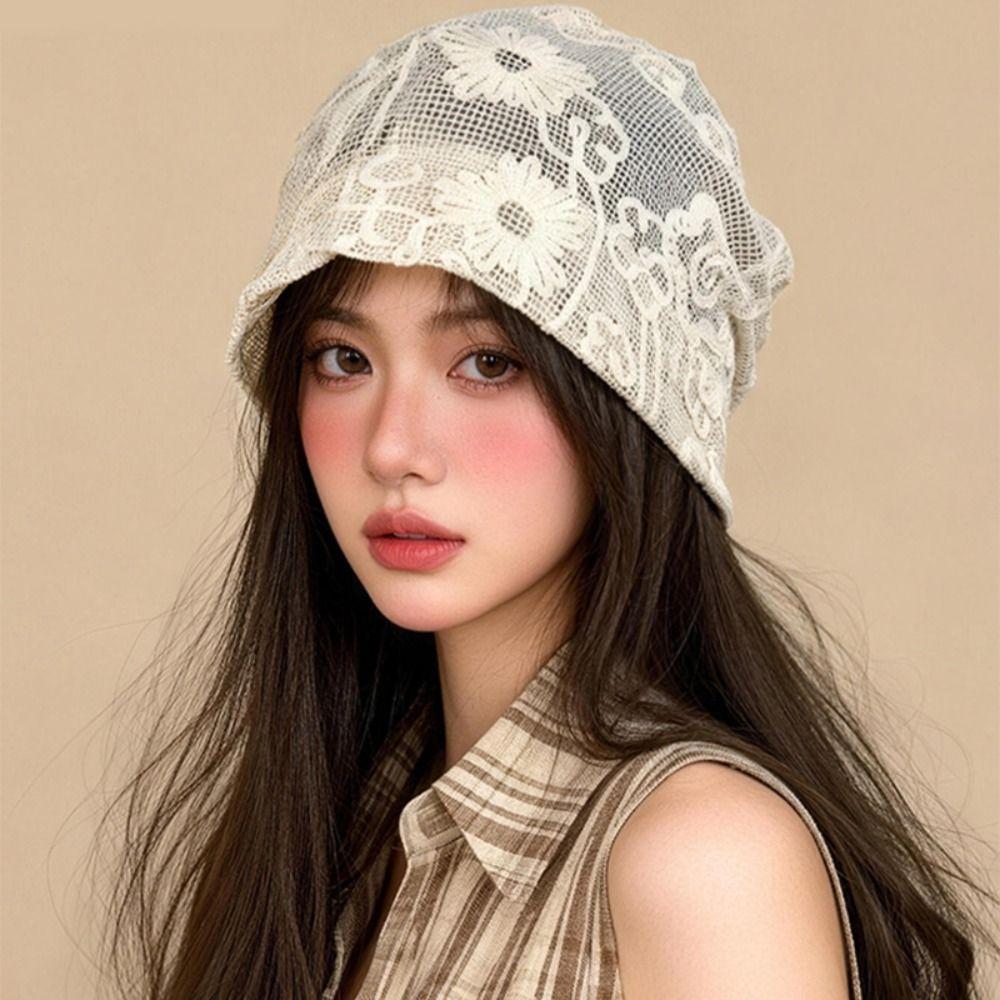 Spicy Girl Hollow Out Beanies Embroidered Weave Knitted Cap Flower Pile Hat  Apparel Accessories