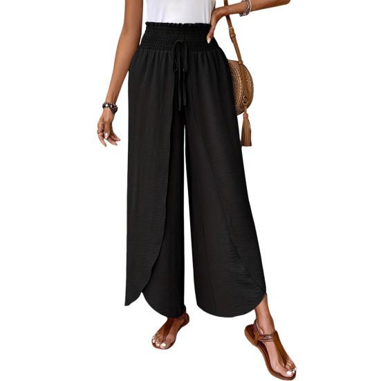 Women Pants Elastic Waist High Side Split Casual Pants Spring Summer Autumn Breathable Solid Color Loose Fit Wide Legs Trousers