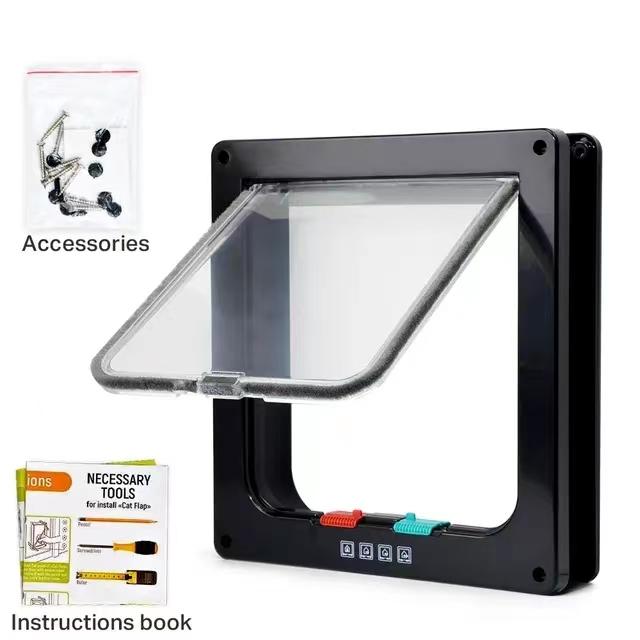 4 Way Security Lock Cat Flap Door Controllable Switch Transparent S/M/L/XL Sized Gate Puppy Kitten Safety In & Out Pet Doors Kit