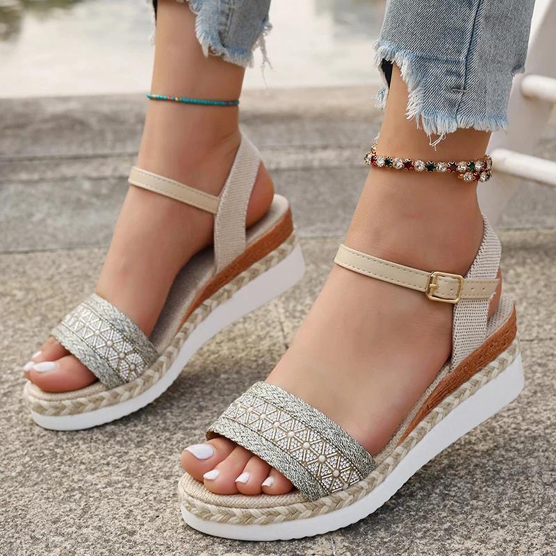 Fashion Summer Fashion Woven Wedge Sandals Women Comfort Ankle Strap Platform Walking Sandalias Mujer 2025 Casual Non Slip Beach Shoes