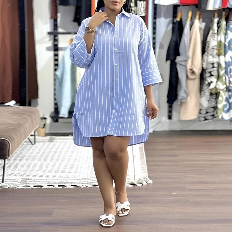 Spring New, European and American Women's Clothing, Fashionable and Elegant Striped Lapel Single-breasted Loose Shirt