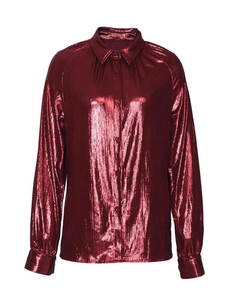 Women's Elegant Wine Red Lapel Long Sleeve Shirt