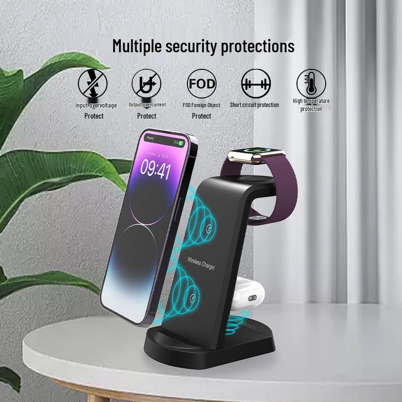 Three-in-One Vertical Wireless Charger for Apple Devices: Phone, Earbuds, and Watch.