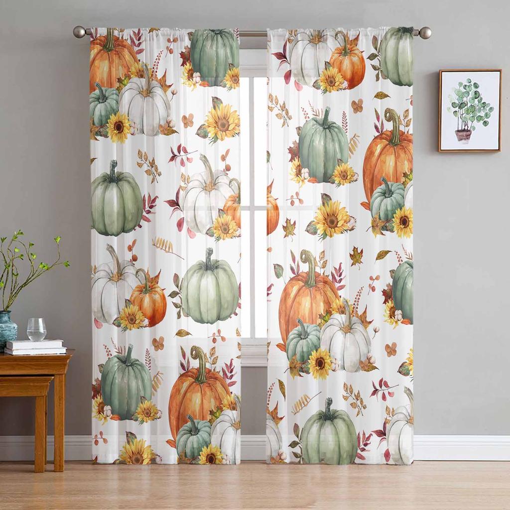 Thanksgiving Pumpkin Maple Leaf Sheer Drapes for Living Room Decoration Window Curtain Kitchen Curtain Panels