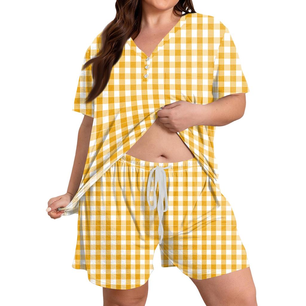 Women's Plus Size Casual Two Piece Set Short Sleeve Top and Drawstring Shorts Relaxed Fit Lounge Wear Summer Outfit