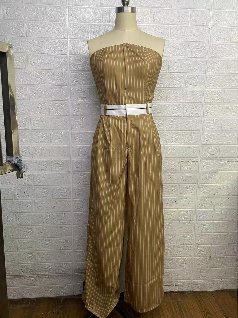 2024 Women's Summer One-Shoulder Striped Jumpsuit with High-Waisted Wide-Leg Pants