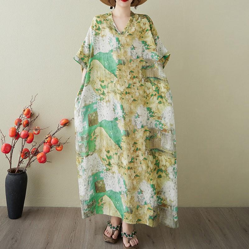 Short Sleeve Plus Size Cotton Vintage Floral New In Dresses for Women Casual Loose Maxi Long Summer Dress