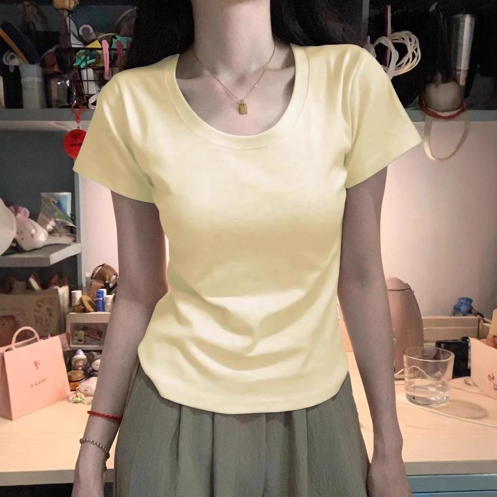 Women's Summer U-Neck Slim Fit Milk Yellow T-Shirt