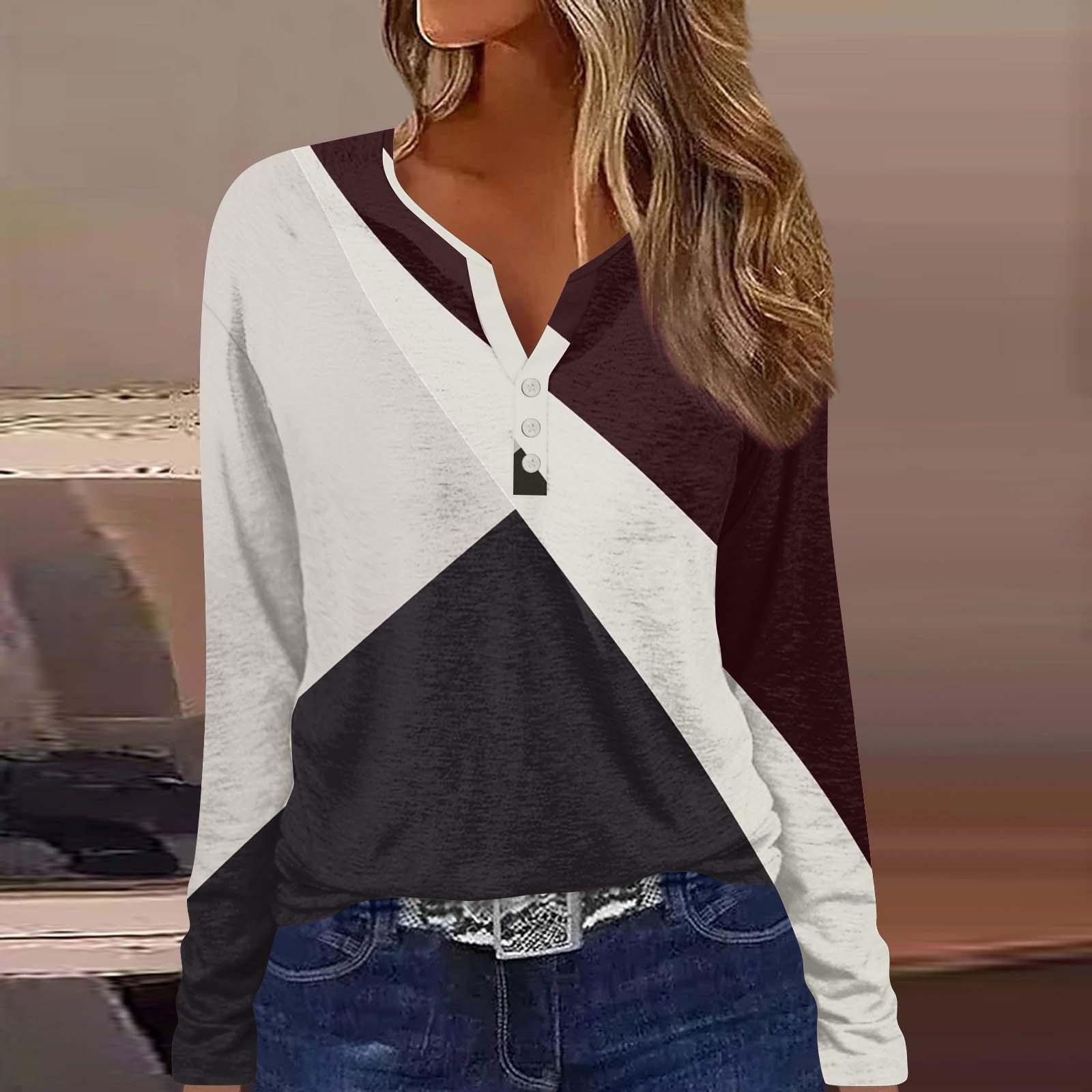 

Жен. Футболка Футболка На пуговицах С принтом Длинный рукав Повседневные Выходные Мода Классический V-образный вырез Обычный Топ M винный