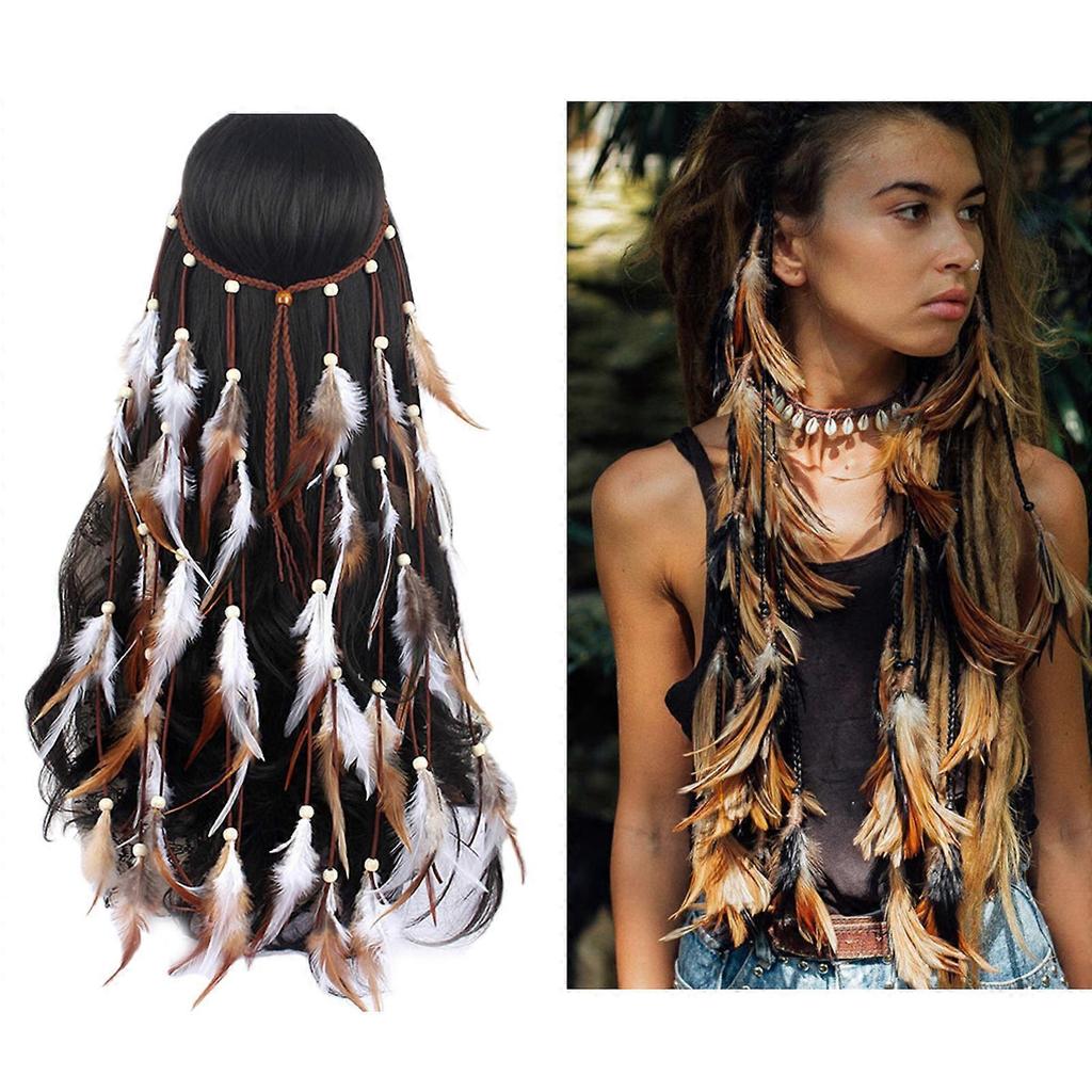 Boho Feather Headband for Women GypsyHeadpiece Hair Extensions Music Festival Headwear Indian Headdress