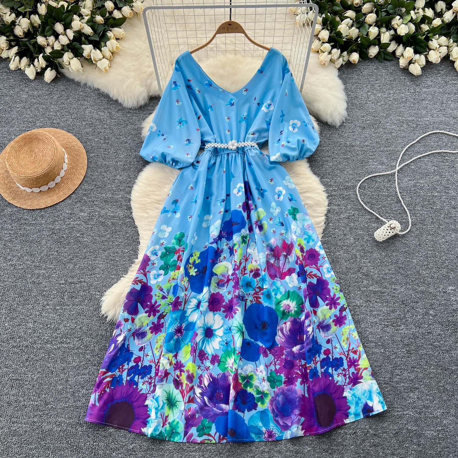 

Женское платье с принтом, рукав-фонарик, эластичная резинка на талии, элегантные платья А-силуэта, летние ретро-платья для женщин One Size небесно-голубой