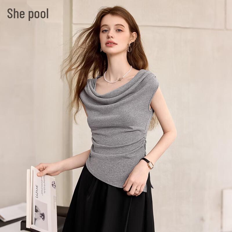 TaChi Women s Pleated Drape Neck Sleeveless Top XL