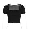 Womens Black Ribbed Square Neck T Shirt With Rhinestone Detail Short Sleeve Slim Fit Casual Top