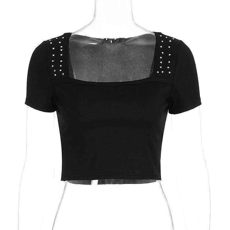 Womens Black Ribbed Square Neck T Shirt With Rhinestone Detail Short Sleeve Slim Fit Casual Top