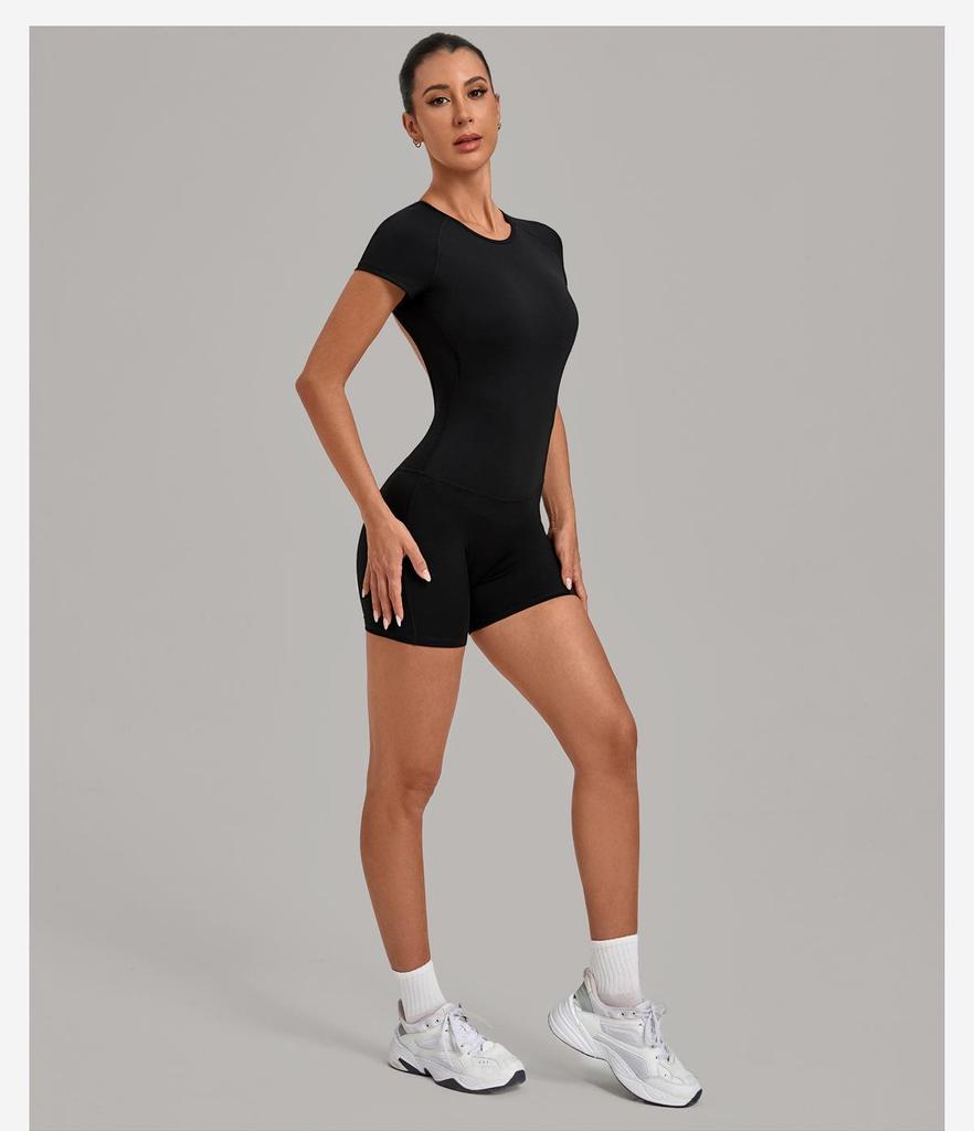 Damen-Jumpsuit mit überkreuztem Rücken und verstellbaren Trägern: Rundhalsausschnitt, Enganliegend, Po-Hebende Shorts, Yoga-Bodysuit (Modell 2701)