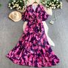 French holiday style beautiful fairy gas printing V-neck dress women's autumn and winter waist irregular elegant ruffle skirt