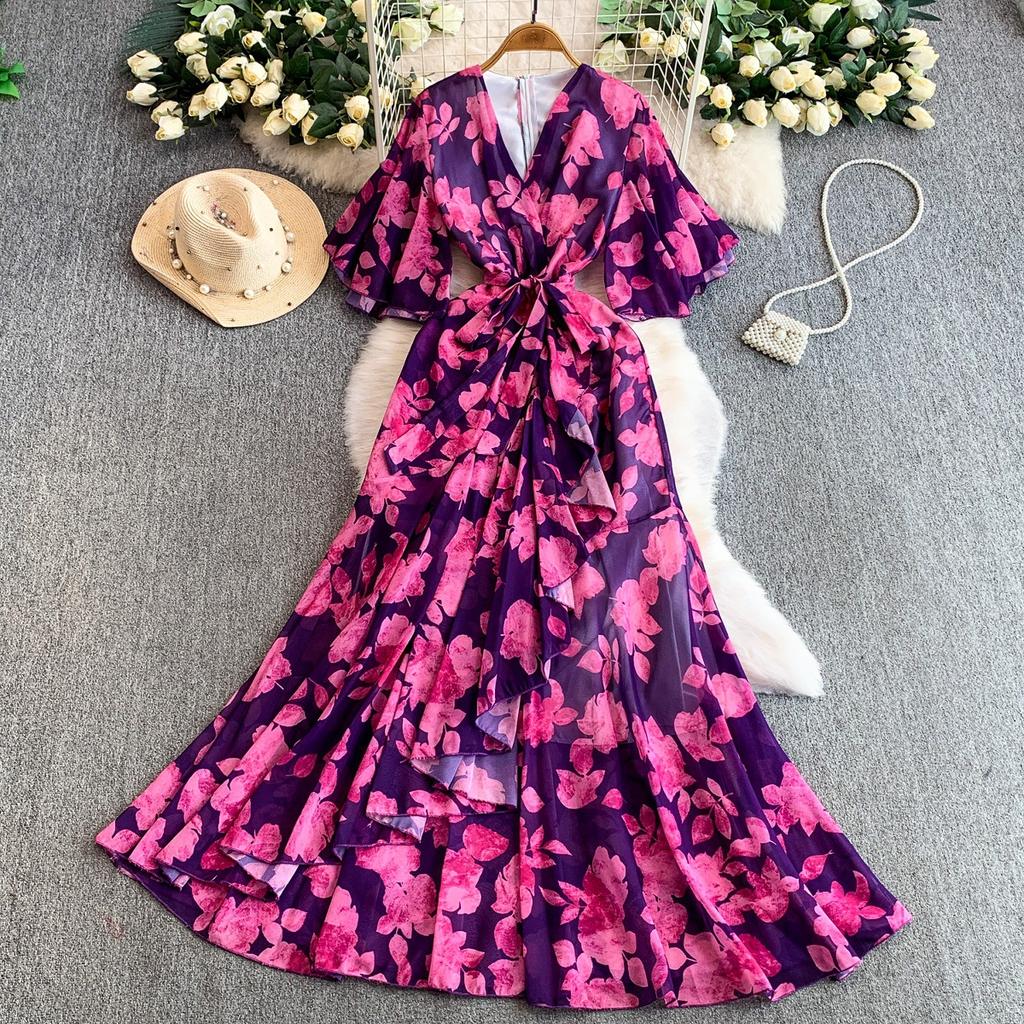 French holiday style beautiful fairy gas printing V-neck dress women's autumn and winter waist irregular elegant ruffle skirt