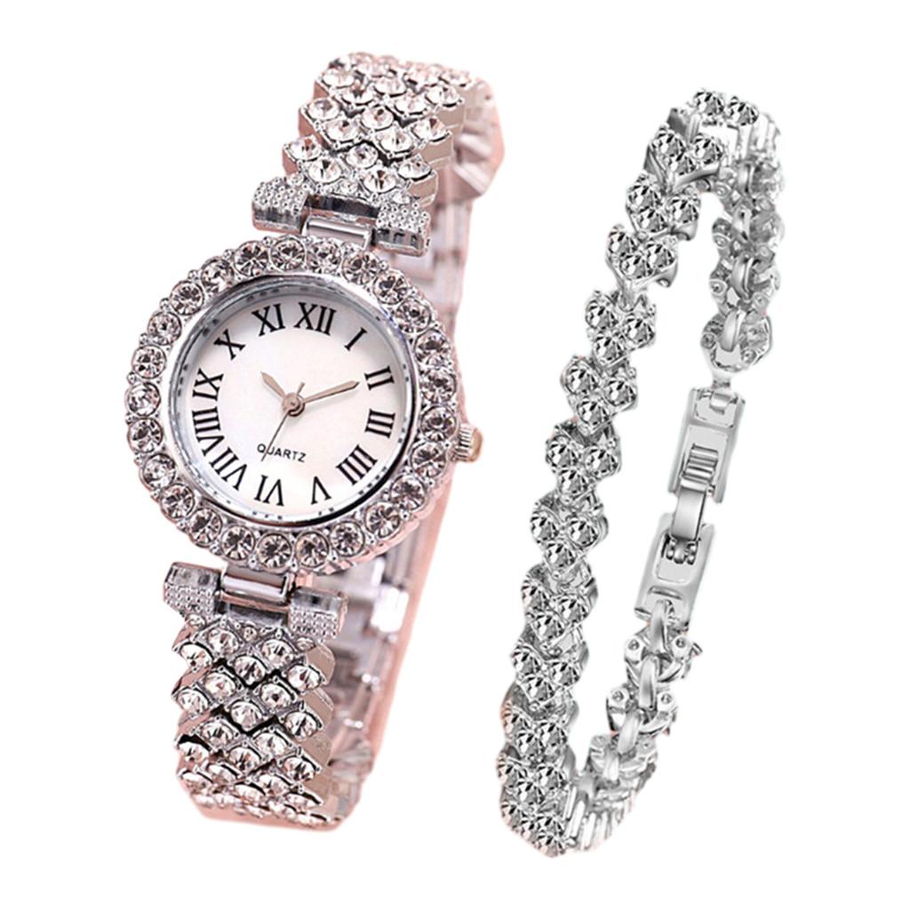 2 Stück Luxus Damen Strass Roségold Uhr Mode Damen Quarz Diamant Armbanduhr Elegant Damen Armbanduhren Set Geschenk