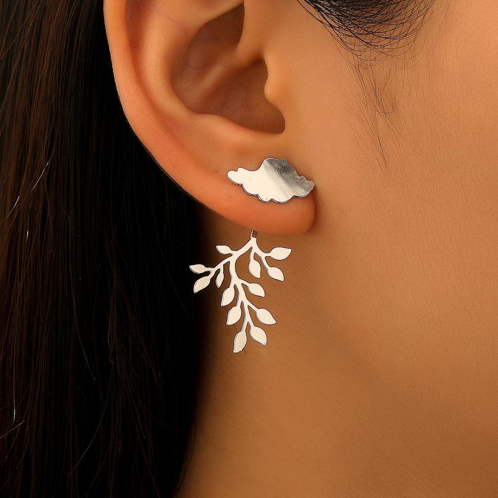 Personalized Leaf Branch Stud Earrings For Women Glossy 3D Niche Rear Hanging Fashion Jewelry