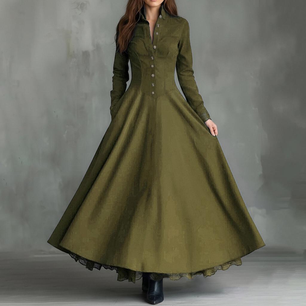 Women’s Long Sleeve Vintage Style Faux Lace Trim Shirt Dress Inspired Elegant Maxi Dress Button Down Design