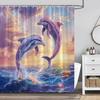 Dolphin Shower Curtain Funny Sea Animals Wave Coastal Hawaii Shore Fantasy Ocean Tropical Scenery Bathroom Decor Set with Hooks