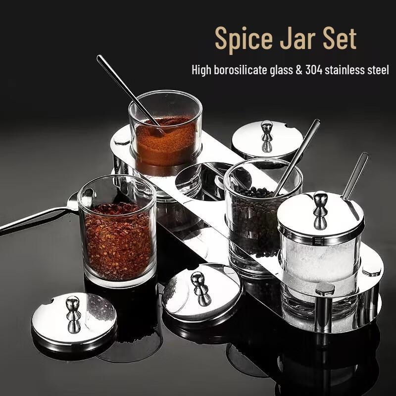 3-Piece Stainless Steel & Glass Kitchen Spice Jar Set