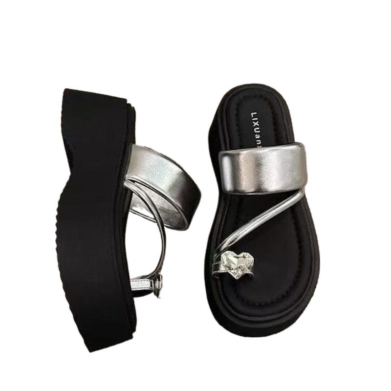 2025 New Elevated Round Toe Thick Heel Solid Color Summer Slipper Fashionable Open Toe Trendy Slip-On Shoe Small Fragrance Style