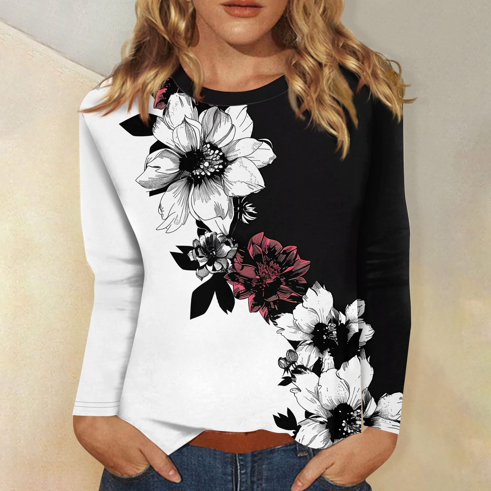 

Женский модный повседневный пуловер с круглым вырезом и длинным рукавом с цветочным принтом XL белый