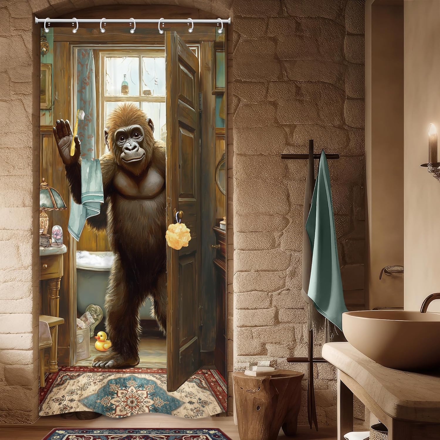 

Small Stall Rv Funny Chimpanzee Shower Curtain Bathroom Set Farmhouse Animal Bathing Rustic Country Wooden Bath Accessoriess W60H190(CM)-1 Pcs