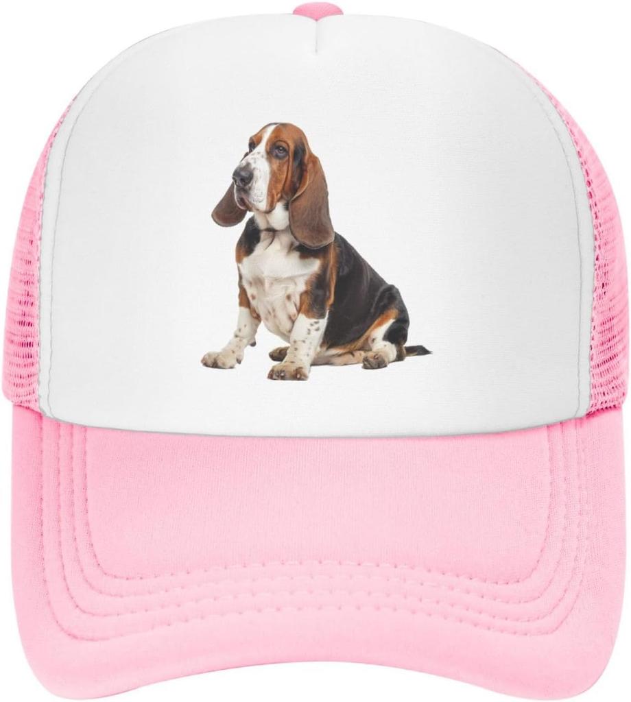 Basset Hound Dog Print Mesh Trucker Hat Casual Adjustable Snapback Cap for Unisex Adults