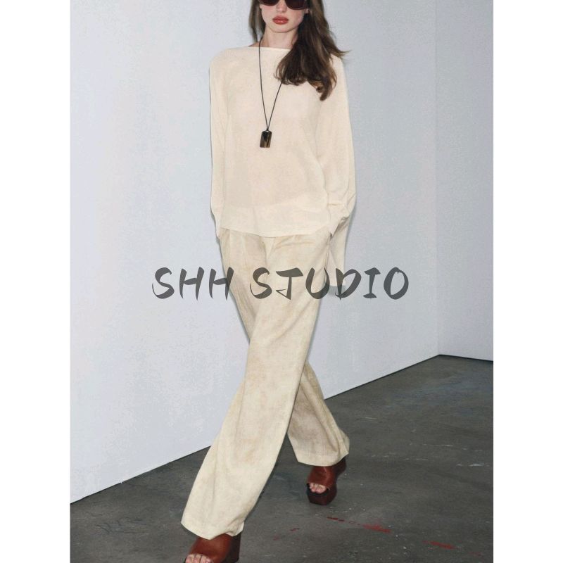 Fall New Women's Clothing French Lazy Style off-Neck Wide Sleeve Design Plain Stitch Knitwear 3920105