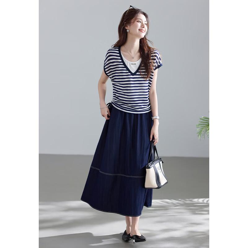 VICTORIA&VERA Striped Faux Two-Piece T-Shirt and Skirt Set