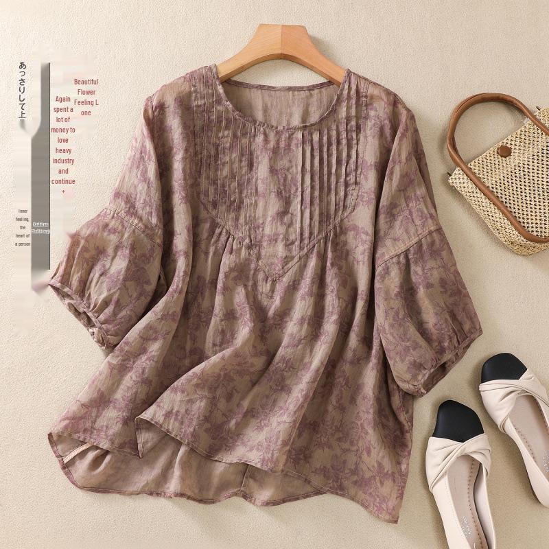 2025 Summer Floral Print Puff Sleeve Round Neck T-shirt