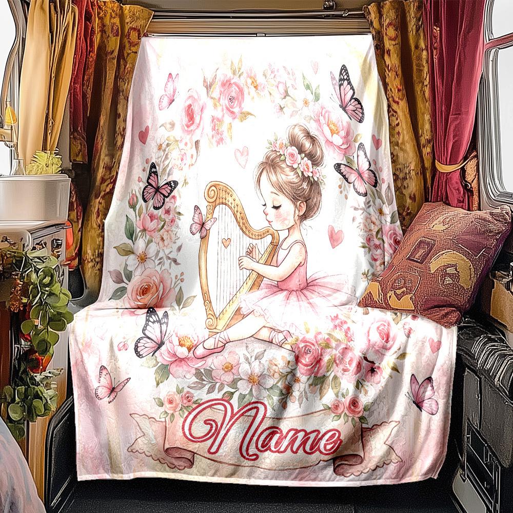 Floral Girl Playing Harp Rv Customize Your Name Blanket Soft Lightweight Allseason Multipurpose Blanket For Travel Camping Picnics Sofa Caravan Bed