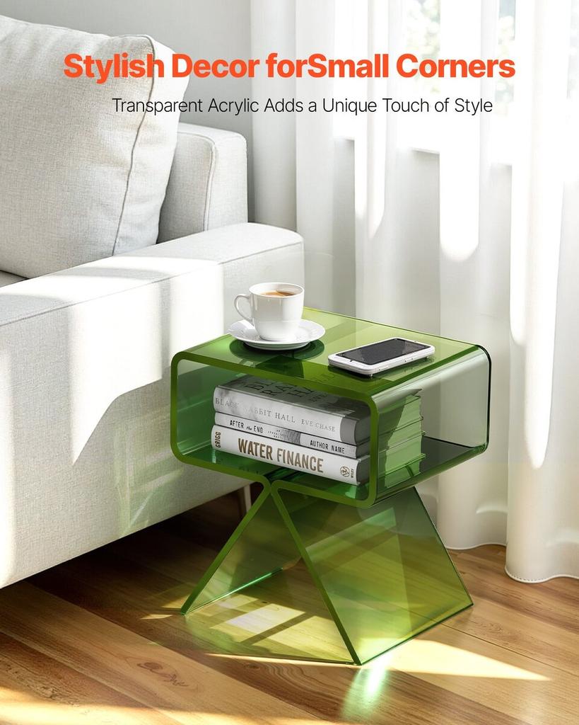 Acrylic Nightstand Side Table, Modern Clear Bedside Table with Storage Shelf, Transparent Small End Desk for Living Room, Bedroom, Home Decor, No